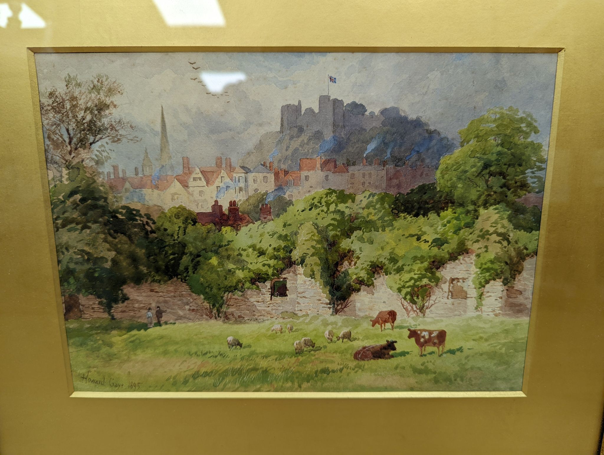 Howard Gaye (1849-1925), watercolour, Lewes Castle, signed and dated 1895, 19 x 26cm, and two eglomise glazed Cries of London